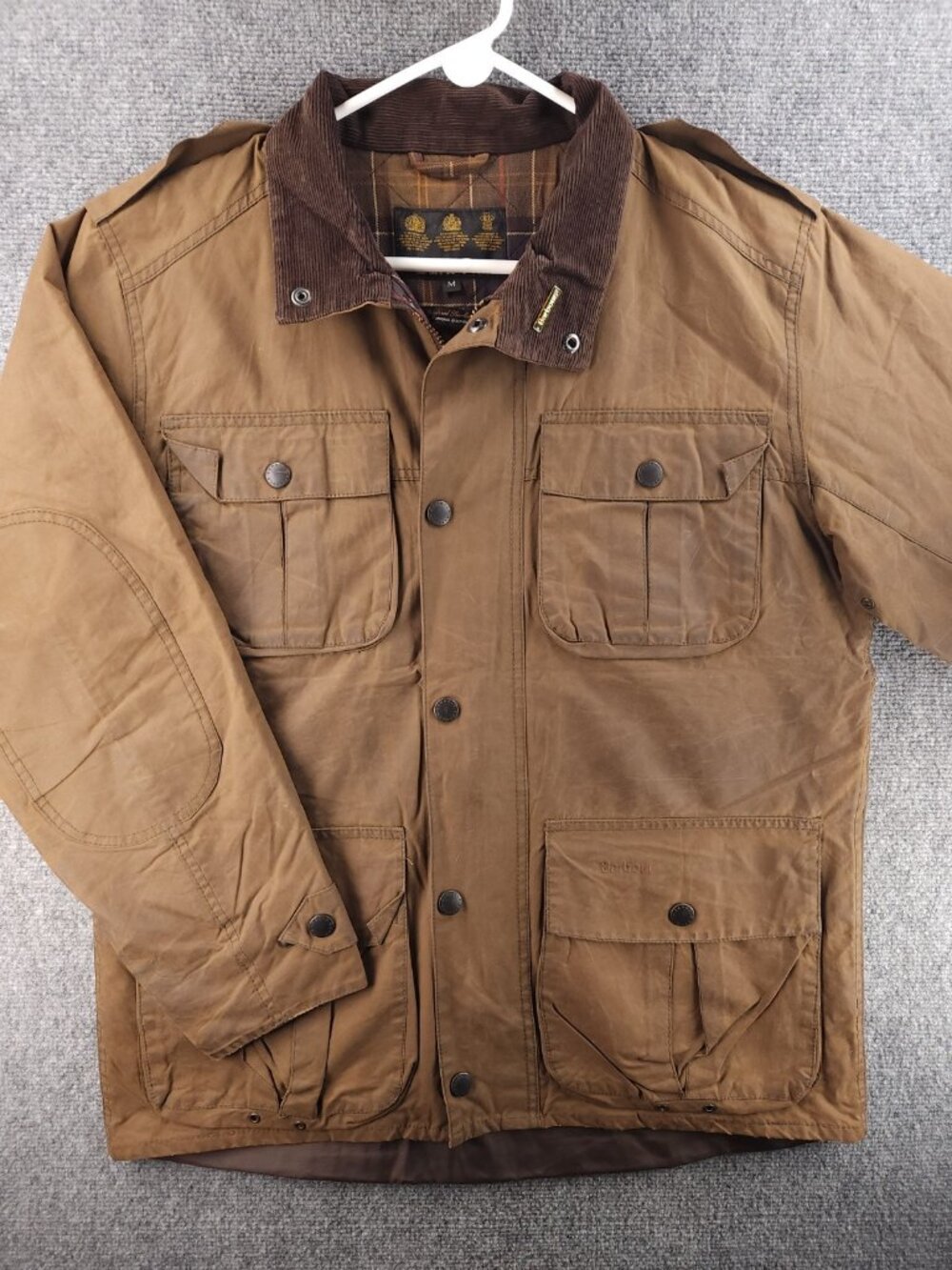 Barbour Wax Jacket Medium Men Brown Pockets Zip Snap Tartan Lining Heritage